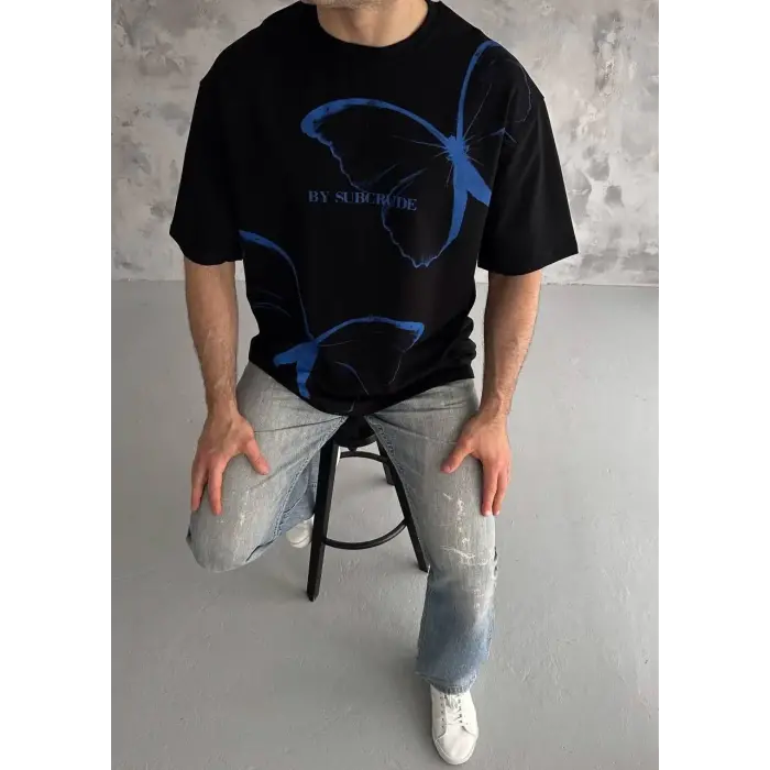 Erkek Kısa Kol Yazlık Tişört Bisiklet Yaka Baskılı Oversize T-Shirt - Siyah