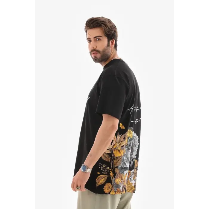 Erkek Kısa Kol Yazlık Tişört Bisiklet Yaka Baskılı Oversize T-Shirt - Siyah