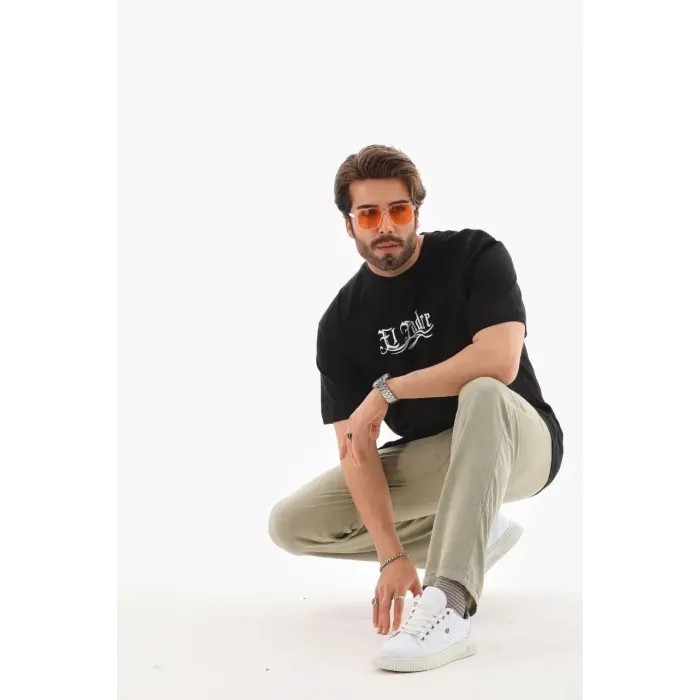 Erkek Kısa Kol Yazlık Tişört Bisiklet Yaka Baskılı Oversize T-Shirt - Siyah
