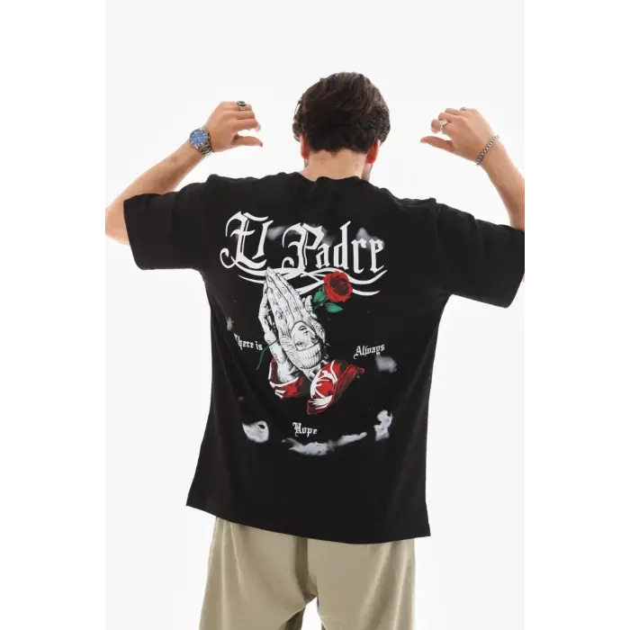 Erkek Kısa Kol Yazlık Tişört Bisiklet Yaka Baskılı Oversize T-Shirt - Siyah