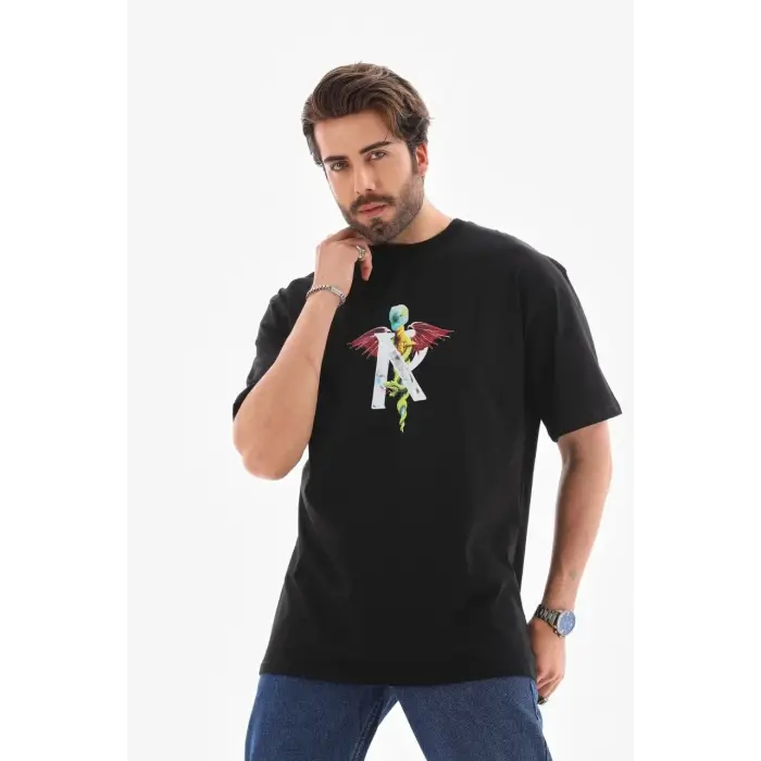 Erkek Baskılı T-Shirt Kısa Kol Bisiklet Yaka Regular Fit Rahat Kalıp Tişört -  Siyah