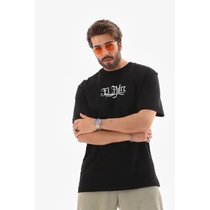 Erkek Kısa Kol Yazlık Tişört Bisiklet Yaka Baskılı Oversize T-Shirt - Siyah