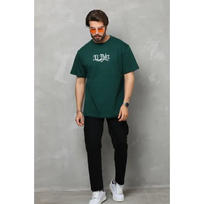 Erkek Kısa Kol Yazlık Tişört Bisiklet Yaka Baskılı Oversize T-Shirt - Yeşil