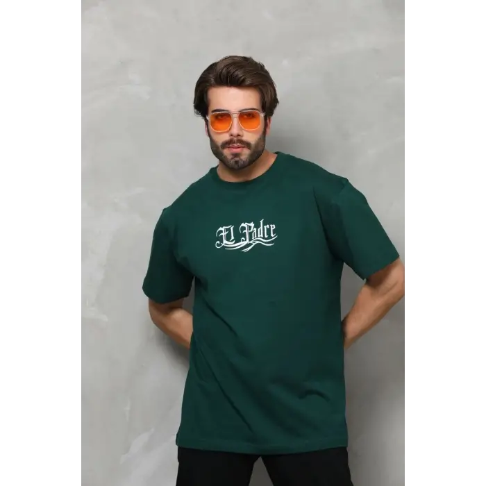 Erkek Kısa Kol Yazlık Tişört Bisiklet Yaka Baskılı Oversize T-Shirt - Yeşil