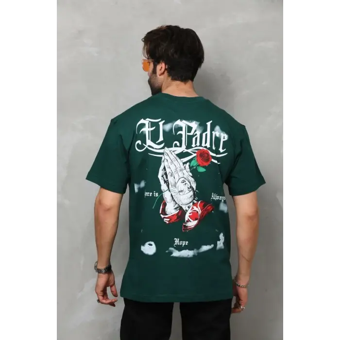 Erkek Kısa Kol Yazlık Tişört Bisiklet Yaka Baskılı Oversize T-Shirt - Yeşil