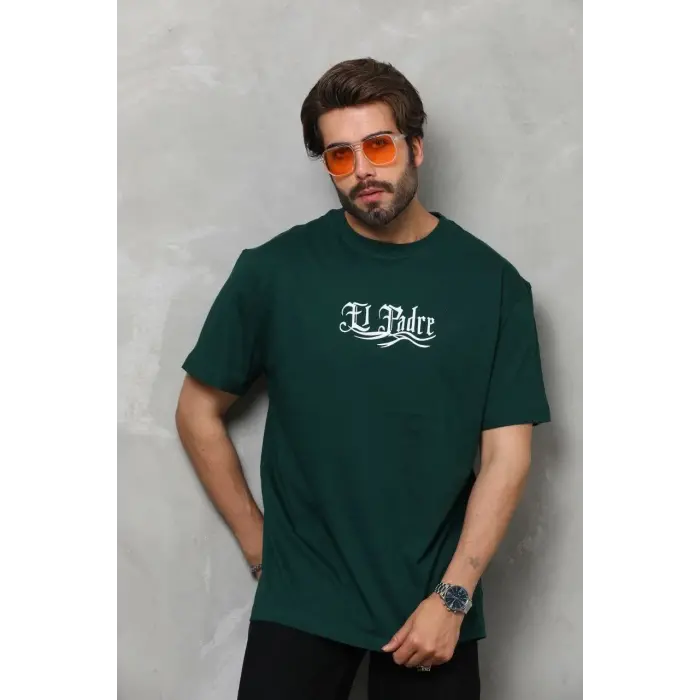 Erkek Kısa Kol Yazlık Tişört Bisiklet Yaka Baskılı Oversize T-Shirt - Yeşil