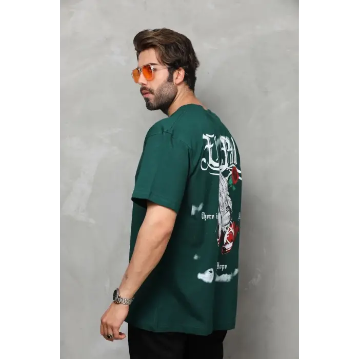 Erkek Kısa Kol Yazlık Tişört Bisiklet Yaka Baskılı Oversize T-Shirt - Yeşil
