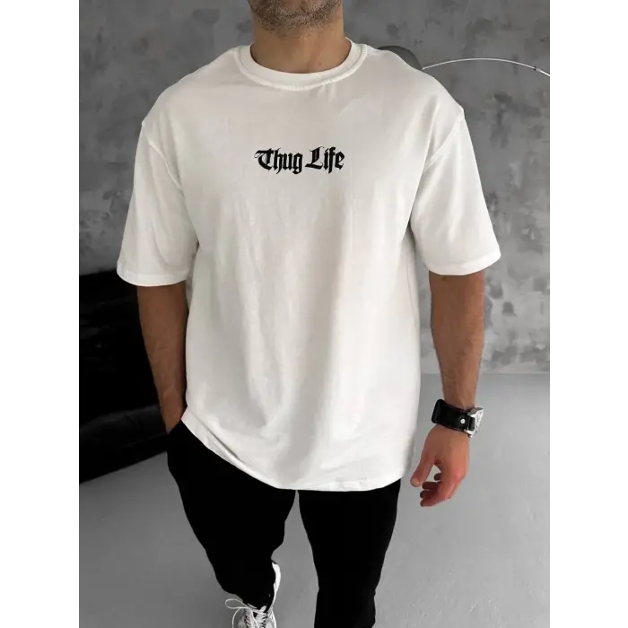 Erkek Kısa Kol Yazlık Tişört Bisiklet Yaka Baskılı Oversize T-Shirt - Beyaz