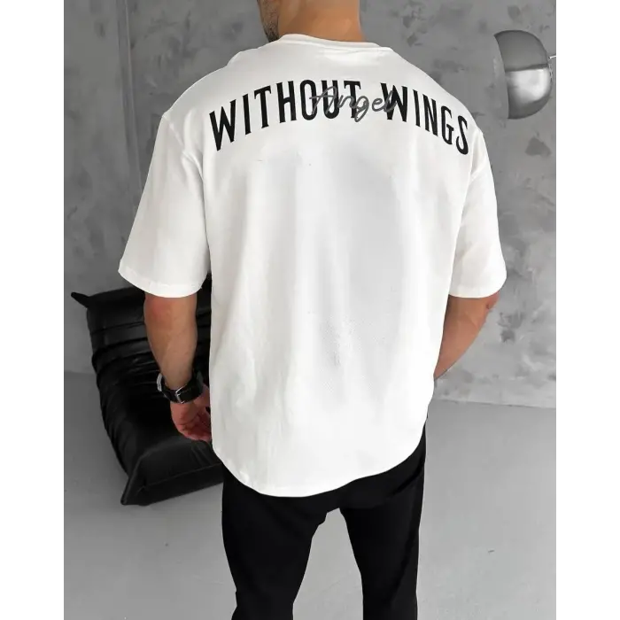 Erkek Kısa Kol Yazlık Tişört Bisiklet Yaka Baskılı Oversize T-Shirt - Beyaz