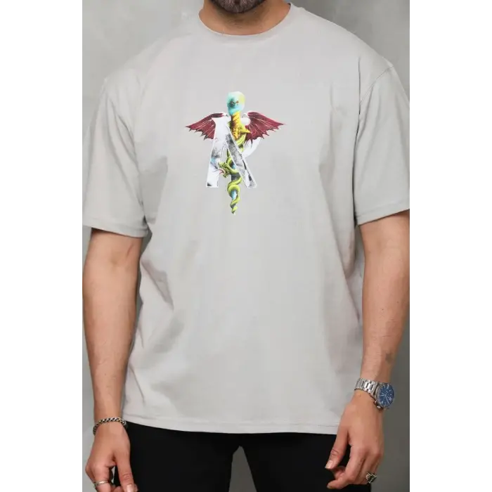 Erkek Baskılı T-Shirt Kısa Kol Bisiklet Yaka Regular Fit Rahat Kalıp Tişört -  Gri