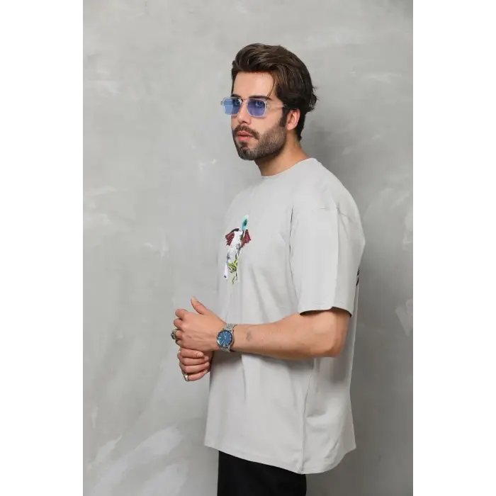 Erkek Baskılı T-Shirt Kısa Kol Bisiklet Yaka Regular Fit Rahat Kalıp Tişört -  Gri