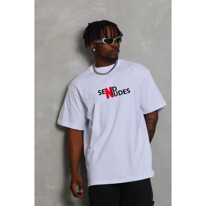 Erkek Kısa Kol Yazlık Tişört Bisiklet Yaka Baskılı Oversize T-Shirt - Beyaz