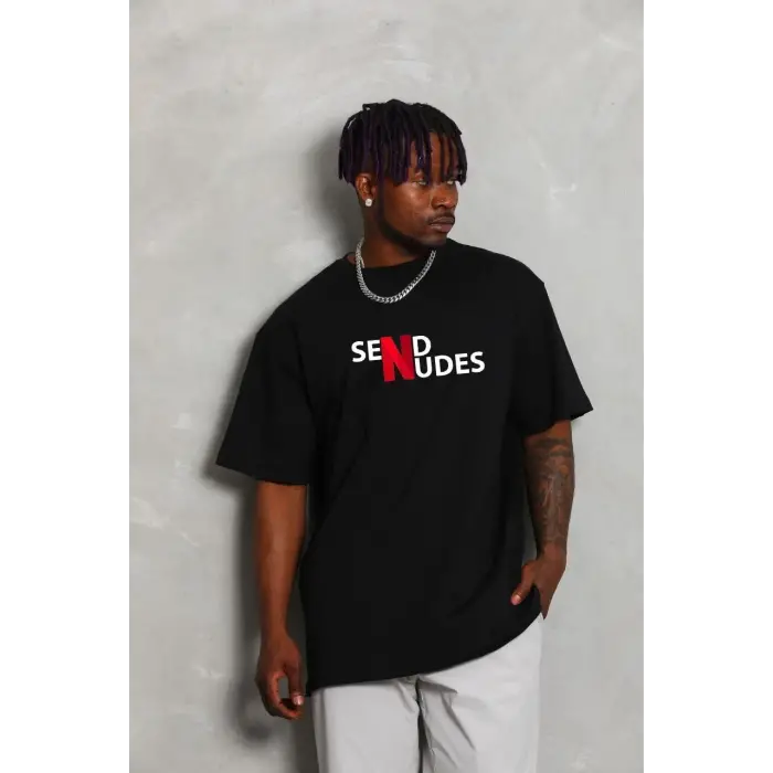Erkek Kısa Kol Yazlık Tişört Bisiklet Yaka Baskılı Oversize T-Shirt - Siyah