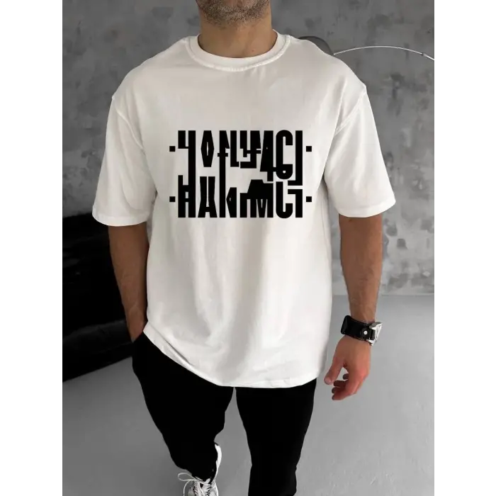 Erkek Tişört Kısa Kol Bisiklet Yaka Katlanan HANIMCI Baskılı T-Shirt - Beyaz