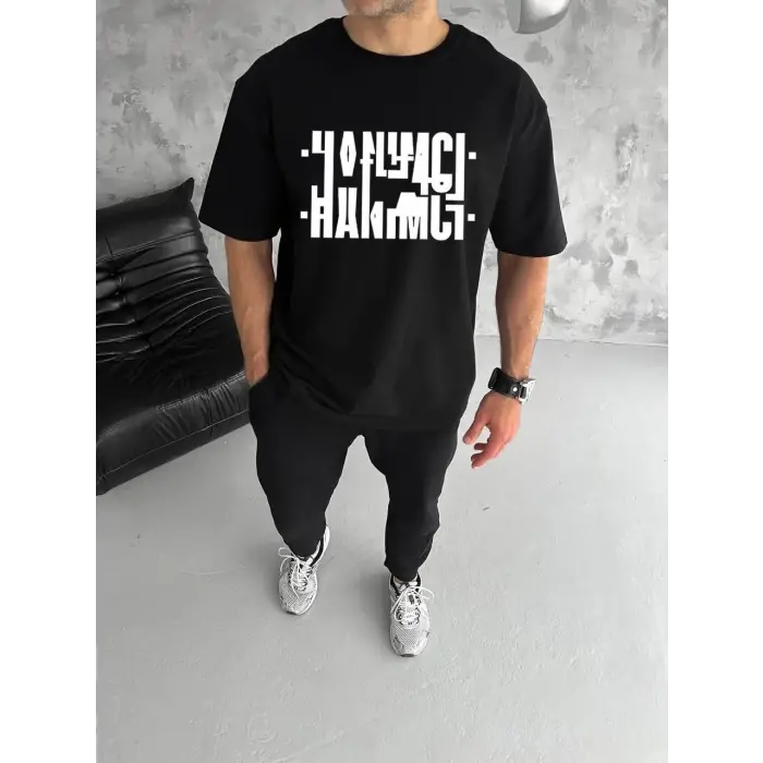Erkek Tişört Kısa Kol Bisiklet Yaka Katlanan HANIMCI Baskılı T-Shirt - Siyah