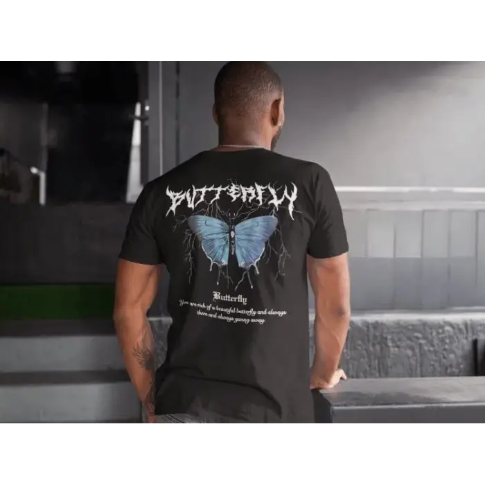 Erkek Tişort  Bisiklet Yaka Kelebek Baskılı Kısa kol T-Shirt - Siyah