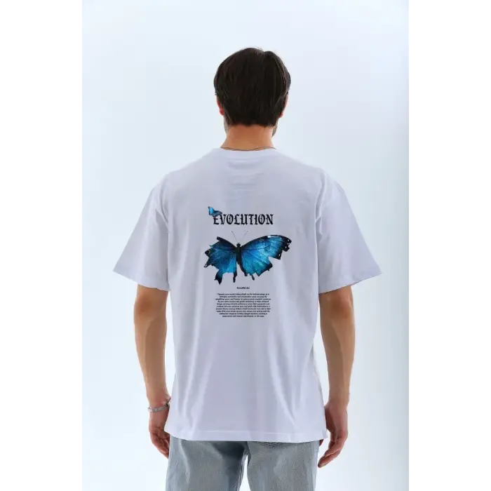 Erkek Kısa Kol Yazlık Tişört Bisiklet Yaka KELEBEK Baskılı T-Shirt - Beyaz