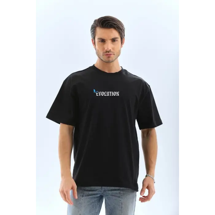Erkek Kısa Kol Yazlık Tişört Bisiklet Yaka KELEBEK Baskılı  T-Shirt - Siyah