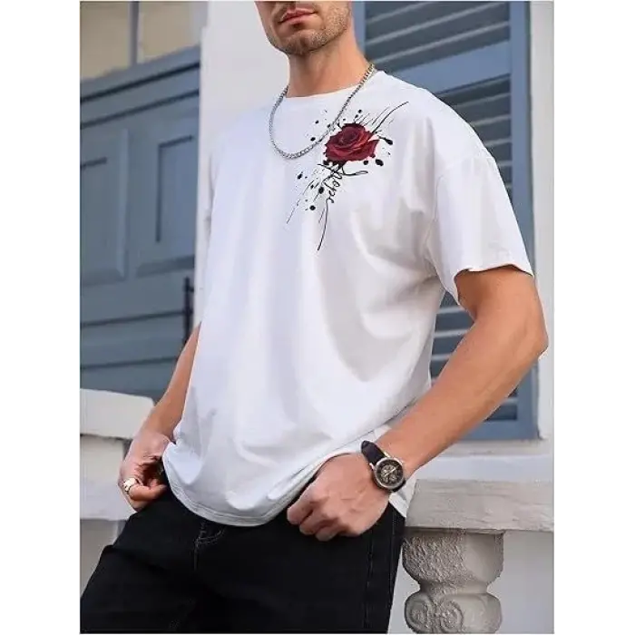 Erkek Kısa Kol Yazlık Tişört Bisiklet Yaka GÜL Baskılı T-Shirt - Beyaz