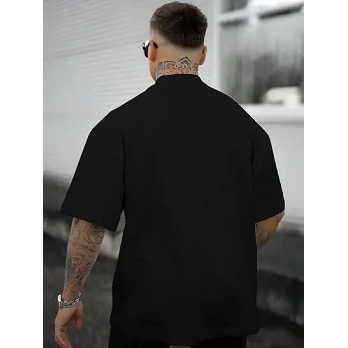 Erkek Kısa Kol Yazlık Tişört Bisiklet Yaka GÜL Baskılı T-Shirt - Siyah