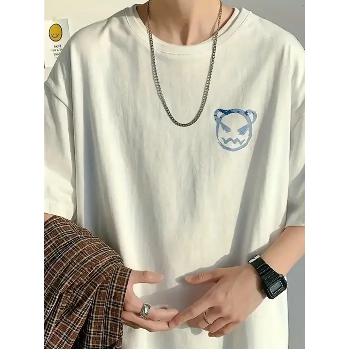 Erkek Tişört Bisiklet Yaka Kore sevimli ayı baskı Kısa Kol T-Shirt  - Beyaz