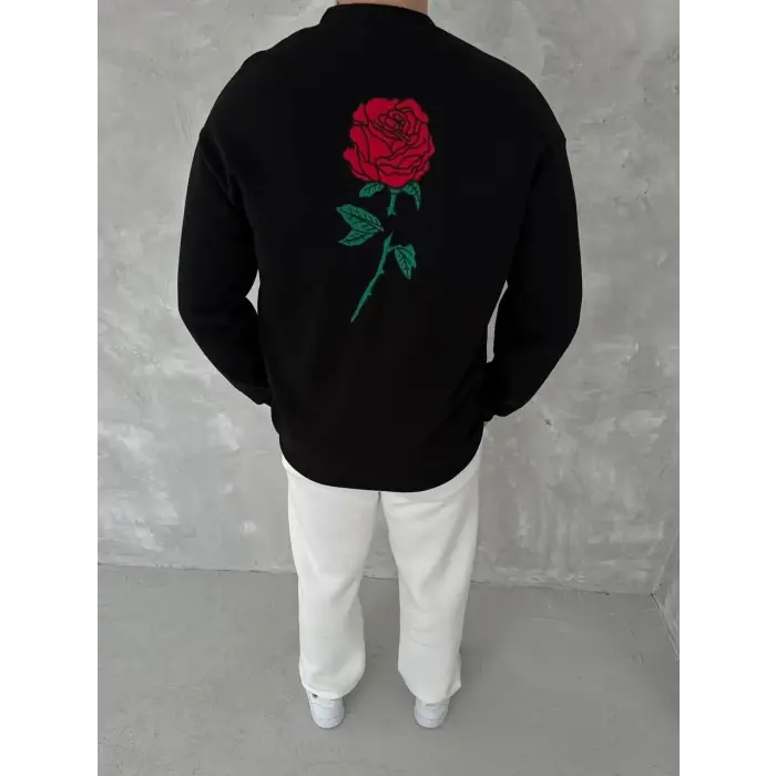 ERKEK 3 iplik Pamuklu Bisiklet Yaka Ön Ve Arka Baskılı SweatShirt - Siyah