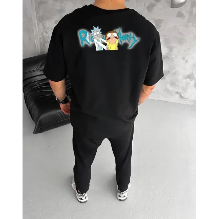 Erkek Kısa Kol Tişört Bisiklet Yaka RİCK AND MORTY Baskılı T-Shirt - Siyah