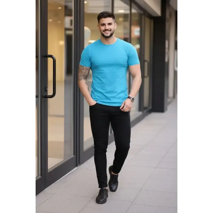 Erkek Body Tişört Bisiklet Yaka Slim Fit Likralı T-Shirt - Açık Mavi