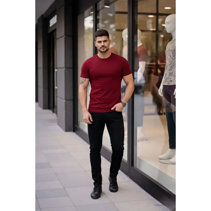 Erkek Body Tişört Bisiklet Yaka Slim Fit Likralı T-Shirt - Bordo