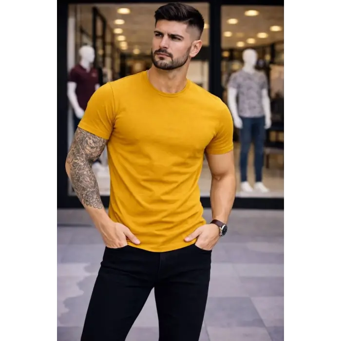 Erkek Body Tişört Bisiklet Yaka Slim Fit Likralı T-Shirt - Limon