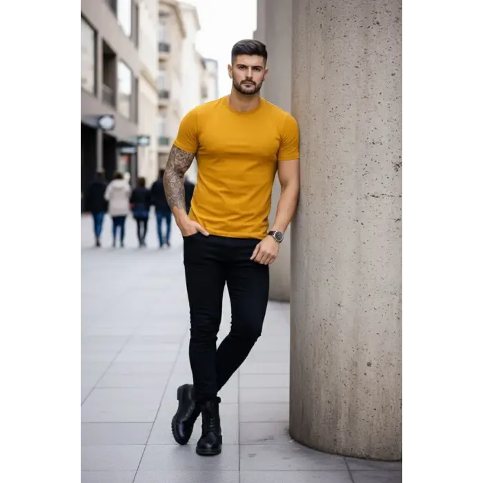 Erkek Body Tişört Bisiklet Yaka Slim Fit Likralı T-Shirt - Limon