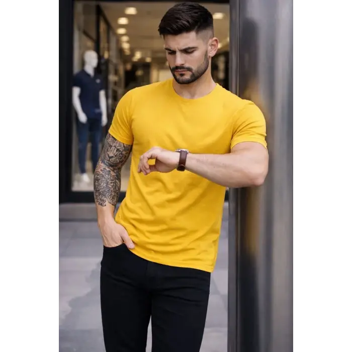 Erkek Body Tişört Bisiklet Yaka Slim Fit Likralı T-Shirt - Sarı