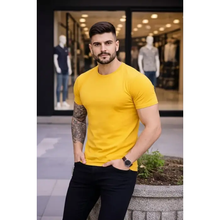 Erkek Body Tişört Bisiklet Yaka Slim Fit Likralı T-Shirt - Sarı