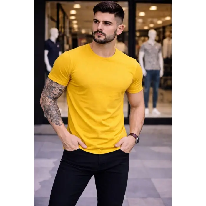 Erkek Body Tişört Bisiklet Yaka Slim Fit Likralı T-Shirt - Sarı