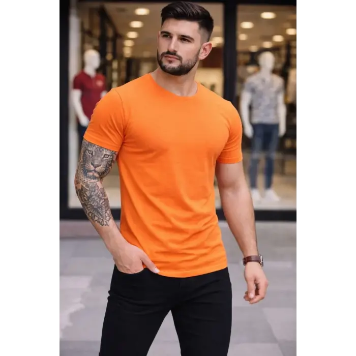 Erkek Body Tişört Bisiklet Yaka Slim Fit Likralı T-Shirt - Turuncu