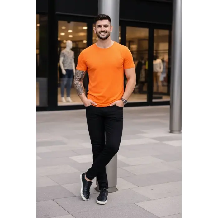 Erkek Body Tişört Bisiklet Yaka Slim Fit Likralı T-Shirt - Turuncu