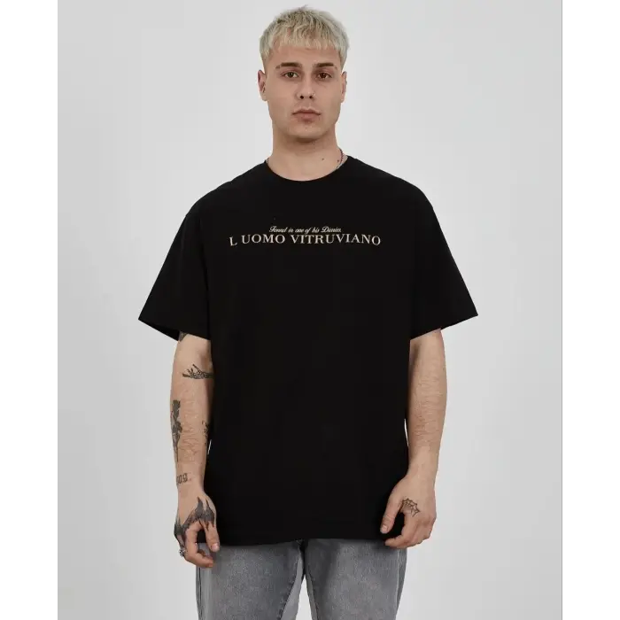 ERKEK Bisiklet Yaka Tişort Baskılı Oversize kısa kol T-Shirt - Siyah