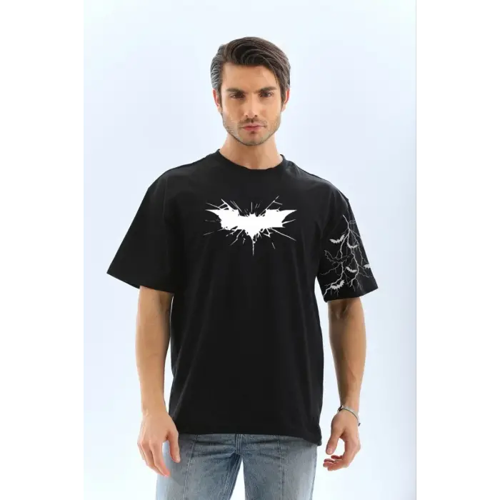 ERKEK Bisiklet yaka tişort Ön ve Kol YARASA Baskılı T-shirt - Siyah