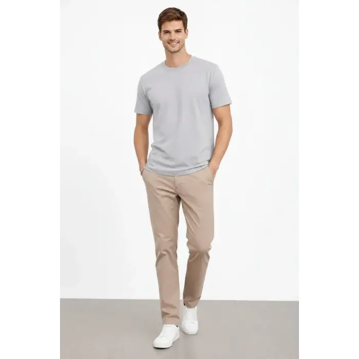 Erkek Bisiklet Yaka Yazlık Kısa kol Düz Tişört Regular Kalıp T-shirt - Gri