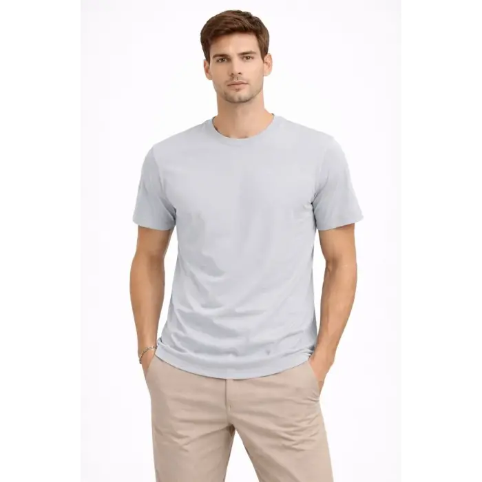 Erkek Bisiklet Yaka Yazlık Kısa kol Düz Tişört Regular Kalıp T-shirt - Gri