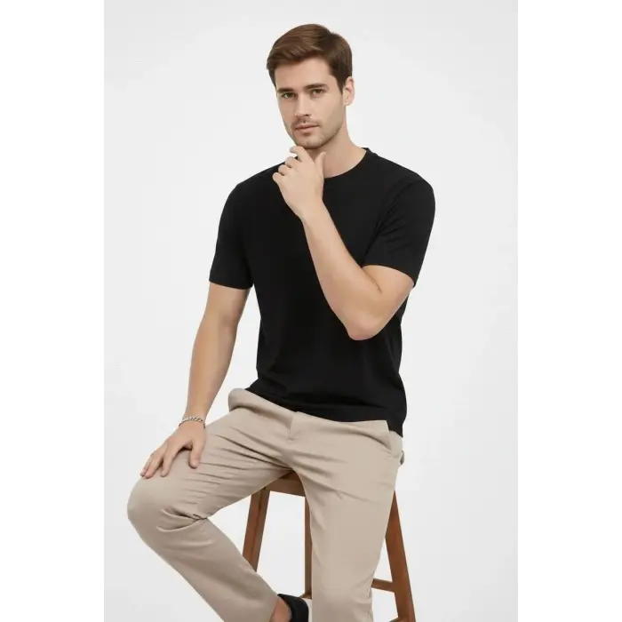 Erkek Bisiklet Yaka Yazlık Kısa kol Düz Tişört Regular Kalıp T-shirt - Siyah