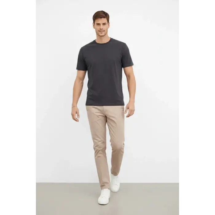 Erkek Bisiklet Yaka Yazlık Kısa kol Düz Tişört Regular Kalıp T-shirt - Füme