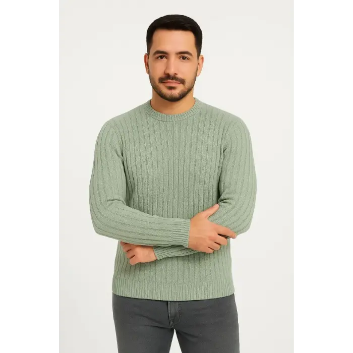 Erkek Bisiklet Yaka Triko Pamuklu Kalın Fitilli Kazak - Mint Yeşili