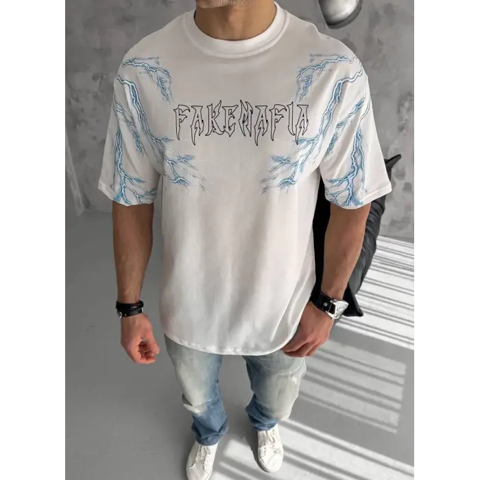 Erkek Bisiklet Yaka Yıldırım Baskılı  Kısa kol T-Shirt - Beyaz