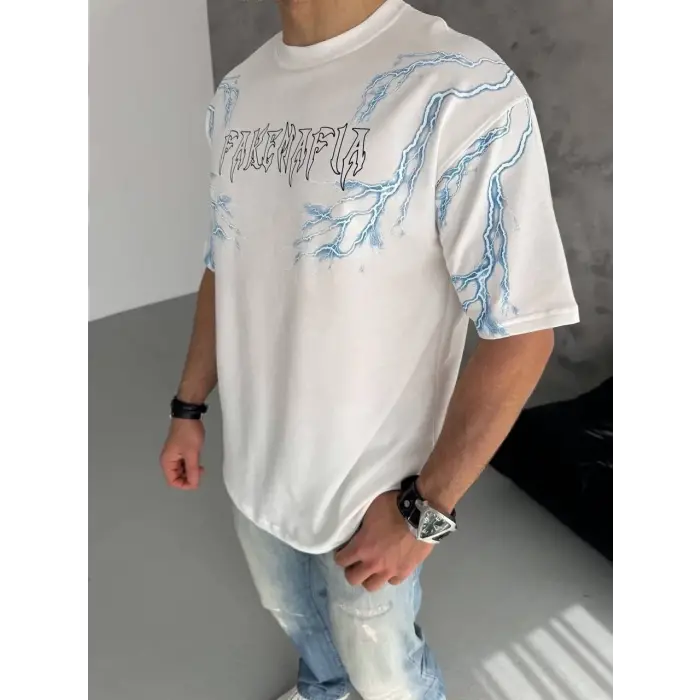 Erkek Bisiklet Yaka Yıldırım Baskılı  Kısa kol T-Shirt - Beyaz