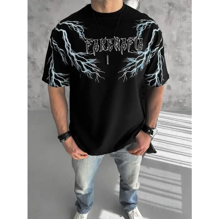 ERKEK Bisiklet Yaka Yıldırım Baskılı  Kısa kol T-Shirt-Siyah