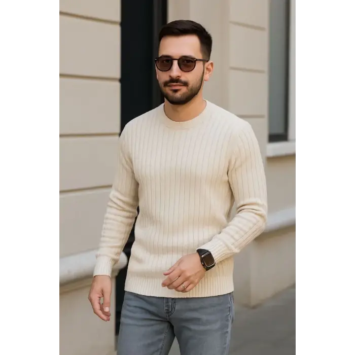Erkek Bisiklet Yaka Triko Kazak Pamuklu Kalın Fitilli Dokuma Regular Fit - Bej