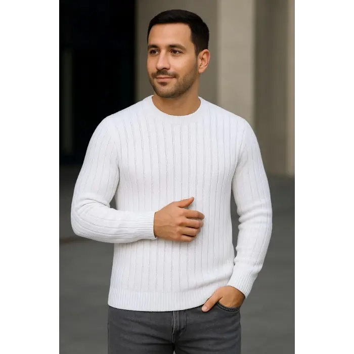 Erkek Bisiklet Yaka Triko Kazak Pamuklu Kalın Fitilli Dokuma Regular Fit - Beyaz