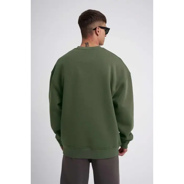 ERKEK Bisikilet Yaka 3 İplik Pamuklu SweatShirt - Haki