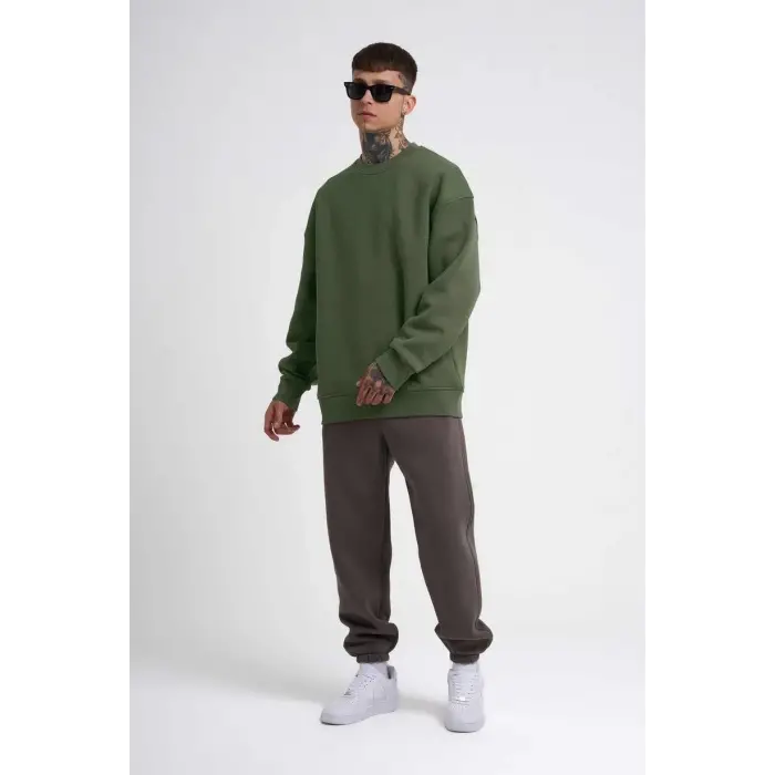 ERKEK Bisikilet Yaka 3 İplik Pamuklu SweatShirt - Haki